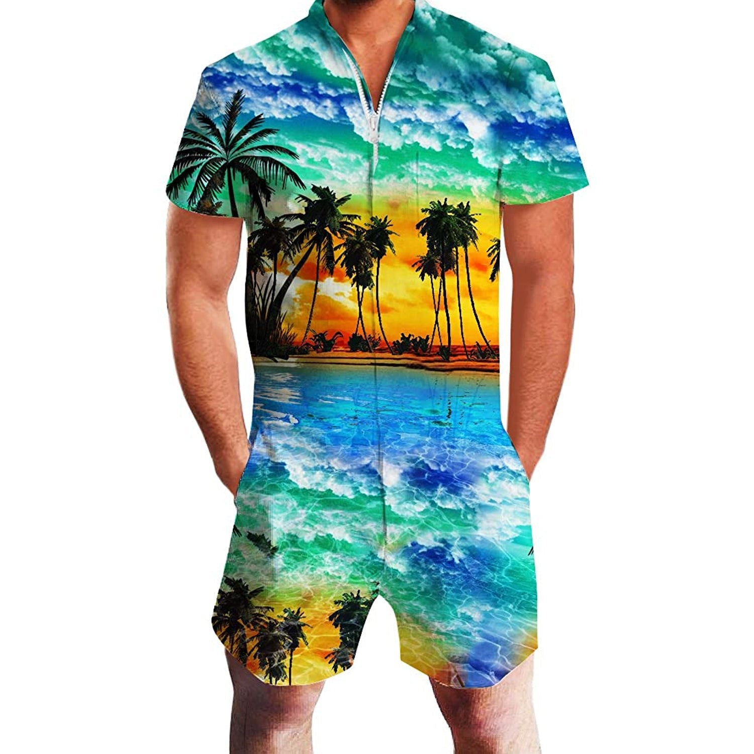 Palmboom Zonsondergang Hawaiiaanse Mannelijke Romper – Forest Coral®, image size:1500x1500