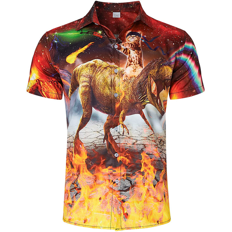 Fire Gun Cat Riding Dinosaur Funny Hawaiian Shirt