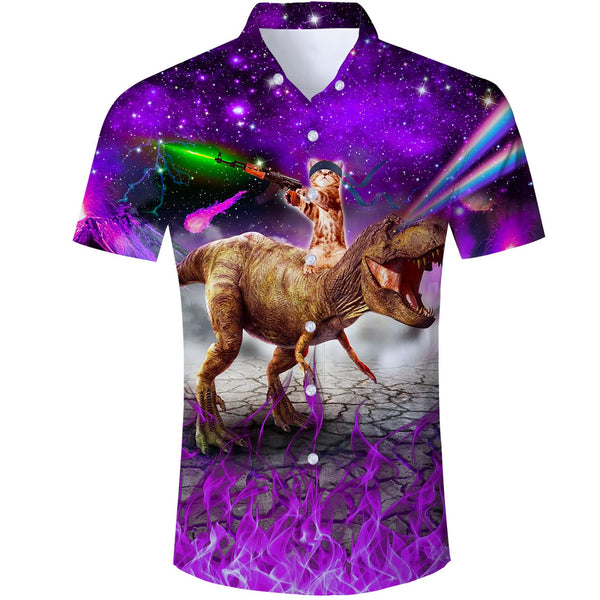 Galaxy Gun Cat Dinosaur Purple Funny Hawaiian Shirt