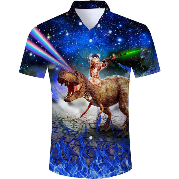 Galaxy Gun Cat Dinosaur Blue Novelty Hawaiian Shirt