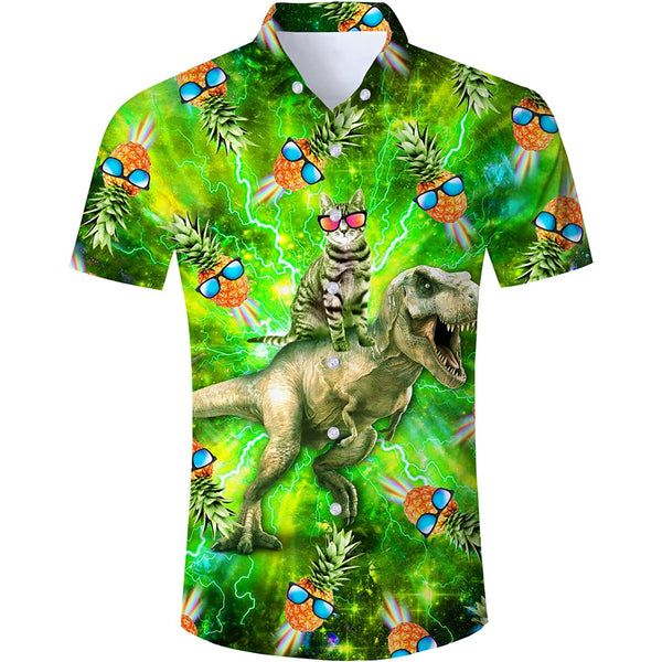Pineapple Cat Riding Dinosaur Novelty Hawaiian Shirt