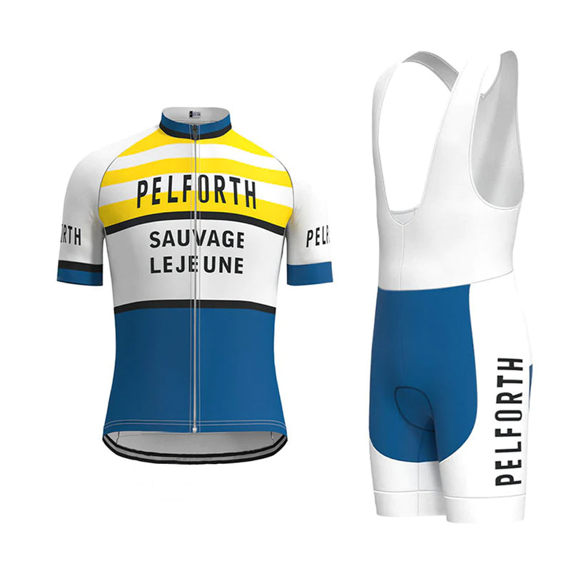 Pelforth Sauvage Lejeune Yellow Blue Vintage Short Sleeve Cycling Jersey Matching Set