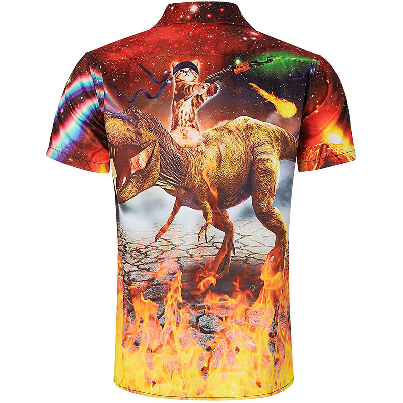 Fire Gun Cat Riding Dinosaur Funny Hawaiian Shirt