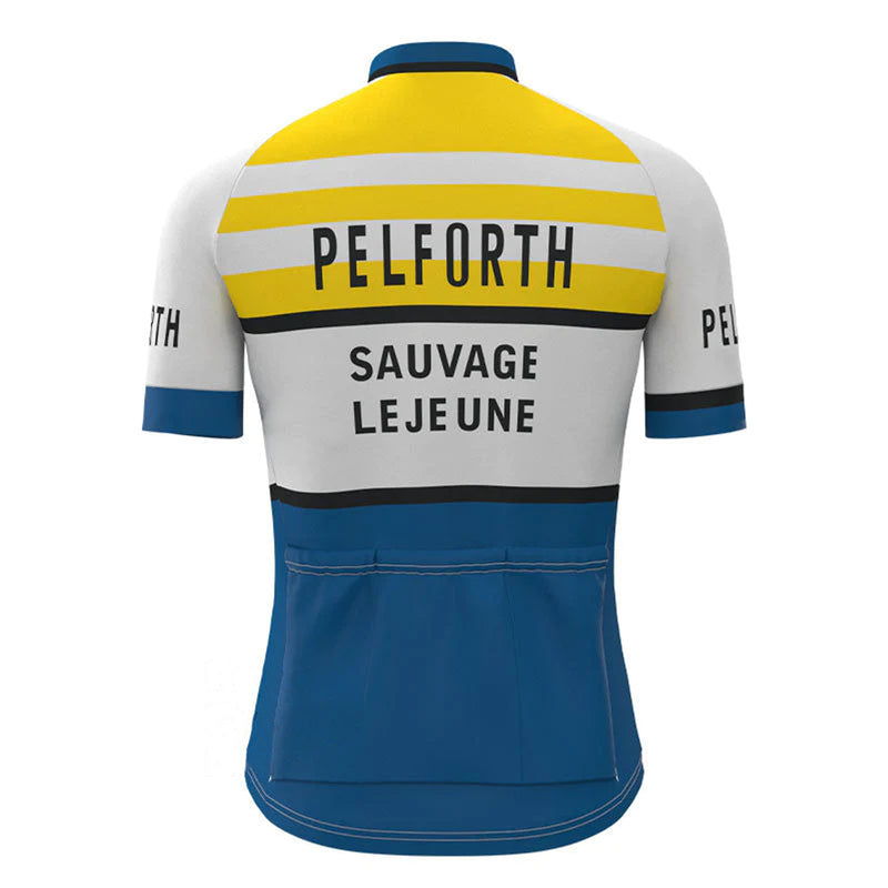 Pelforth Sauvage Lejeune Yellow Blue Vintage Short Sleeve Cycling Jersey Matching Set