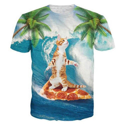 Coconut Tree Cat Surfing On Pizza Funny T Shirt