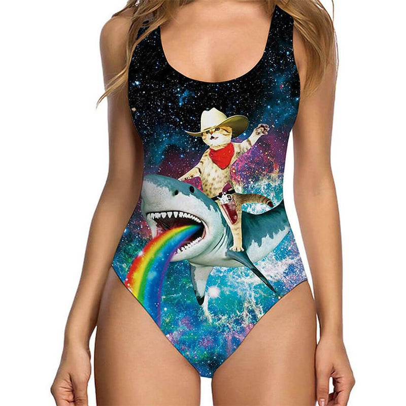 Cat Riding Shark Ugly One Piece Swimsuit