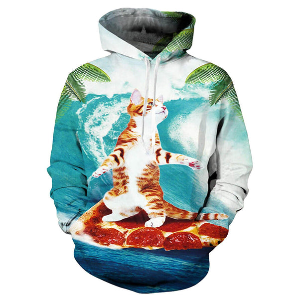 Cat Surfing Pizza Funny Hoodie