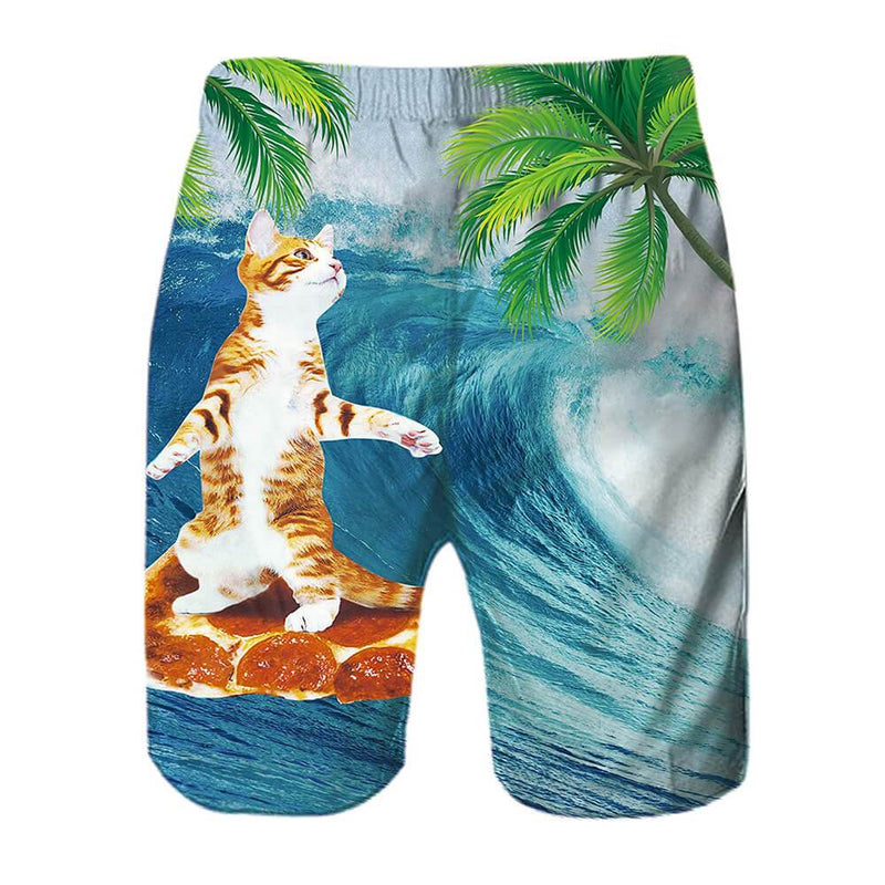 Cat Surfing Pizza Funny Swim Trunks