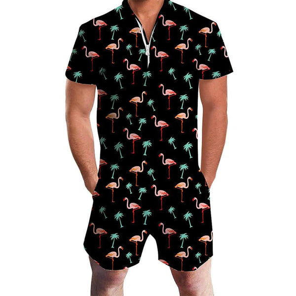 Palm Tree Flamingos Black Male Romper