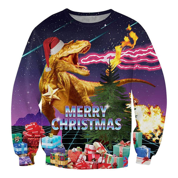 Funny Dinosaur Ugly Christmas Sweater Forest Coral