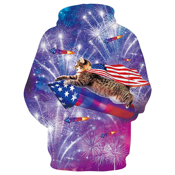 Cat Rocket American Flag Funny Hoodie