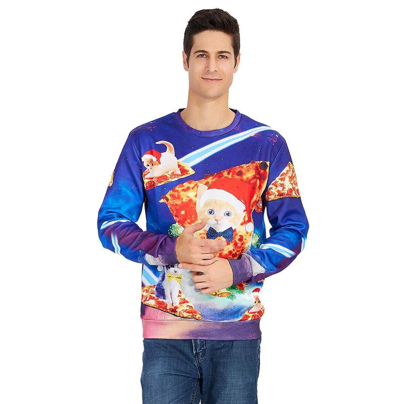 Blue Pizza Cat Ugly Christmas Sweater