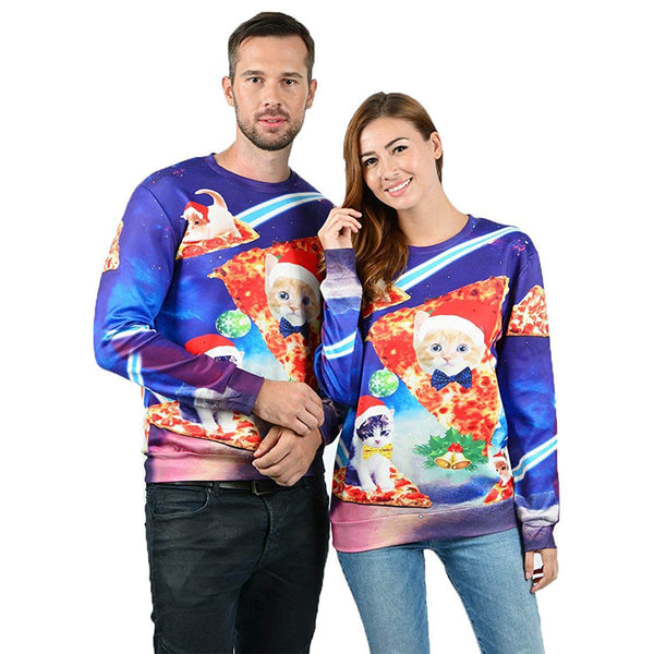 Blue Pizza Cat Ugly Christmas Sweater