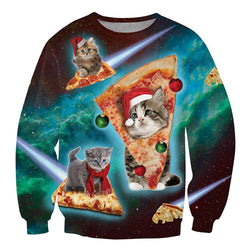 Dark Green Pizza Cat Ugly Christmas Sweater