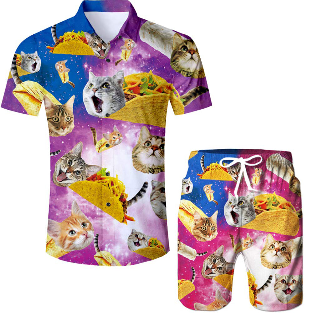 Pink Taco Cat Funny Hawaiian Shirt Forest Coral