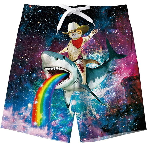 Cat Riding Shark Funny Boy Swim Trunk