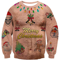 Hairy Chest Skull Bells Ugly Christmas Sweater