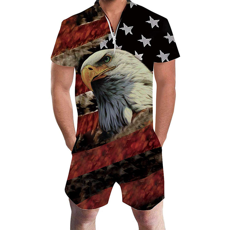 American Flag Eagle Male Romper Forest Coral