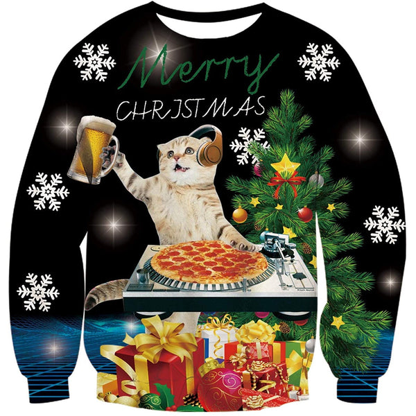 DJing Beer Pizza Cat Ugly Christmas Sweater
