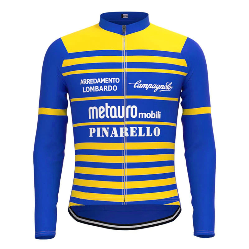 Metquro Mobili Pinarello Blue Yellow Vintage Long Sleeve Cycling Jersey Top