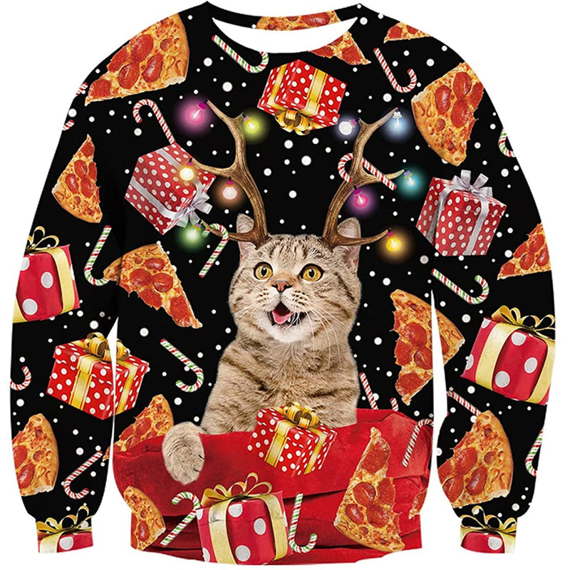 Antlers Cat Pizza Ugly Christmas Sweater Forest Coral