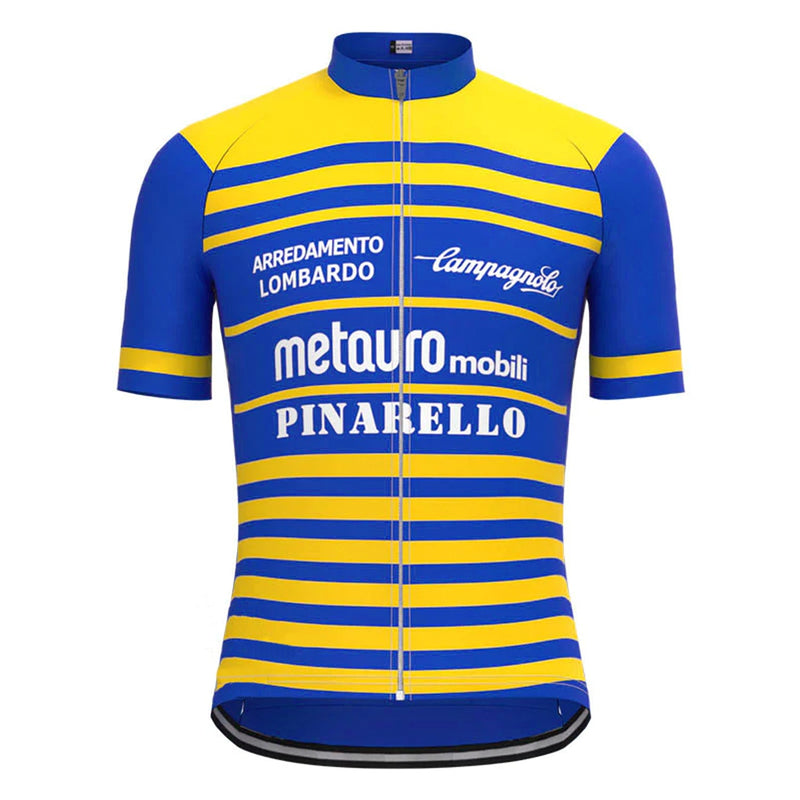 Metquro Mobili Pinarello Blue Yellow Vintage Short Sleeve Cycling Jersey Top