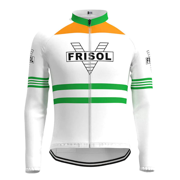 Frisol Green White Long Sleeve Vintage Cycling Jersey Top