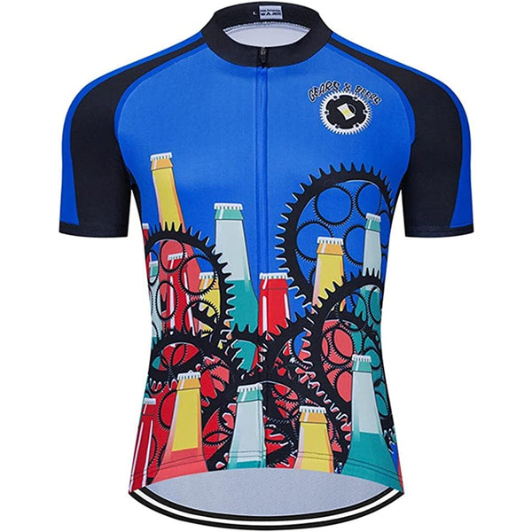 Beer Gearwheel Blue Men Funny MTB Short Sleeve Cycling Jersey Top