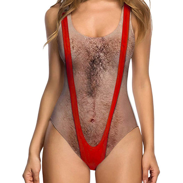 Hairy Chest Ugly One Piece Bathing Suit with Red Strap
