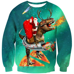 Santa Claus Riding Pizza Dinosaur Ugly Christmas Sweater