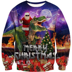 Santa Claus Riding Dinosaur Ugly Christmas Sweater