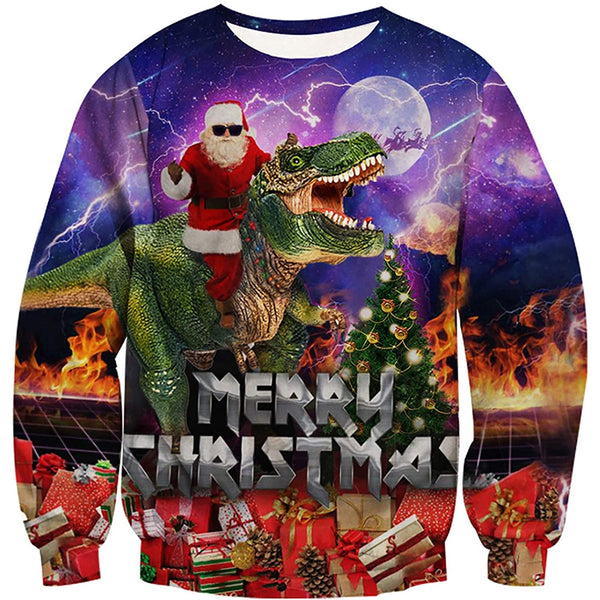 Santa Claus Riding Dinosaur Ugly Christmas Sweater