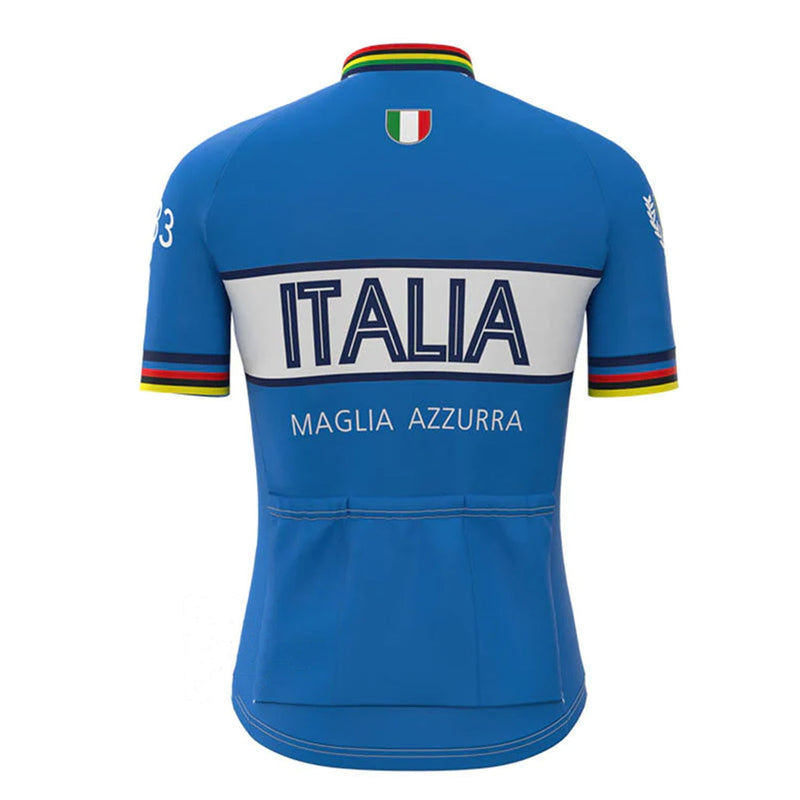 Maglia Azzurra Italia Blue Vintage Short Sleeve Cycling Jersey Top