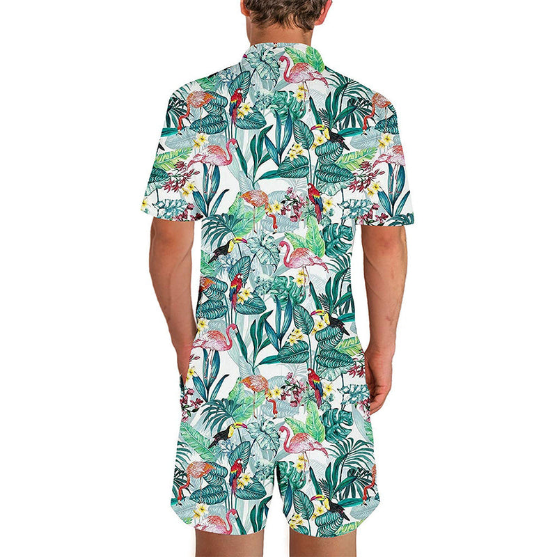 Green Floral Flamingos Male Romper