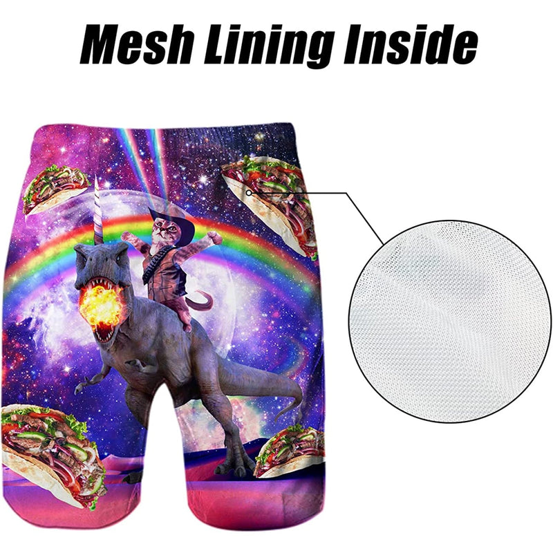 Taco Cat Riding Dinosaur Funny Swim Trunks Forest Coral