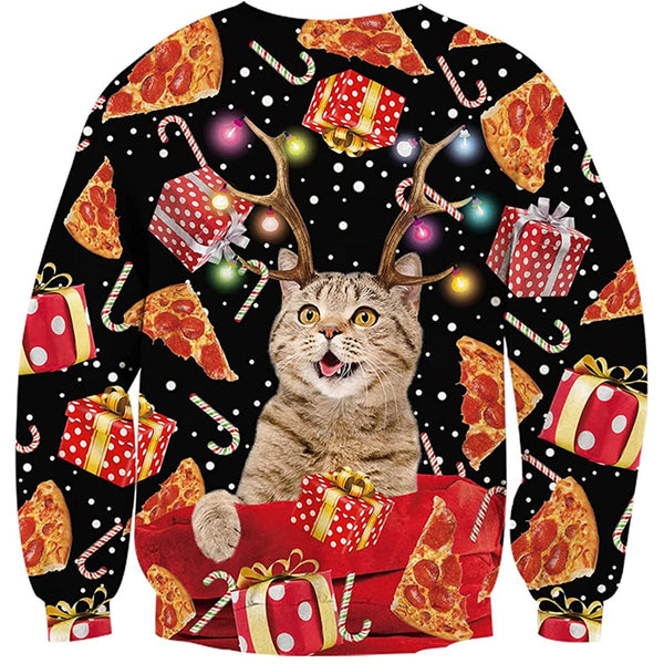 Antlers Cat Pizza Ugly Christmas Sweater