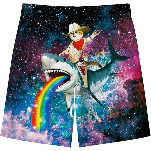 Cat Riding Shark Funny Boy Swim Trunk