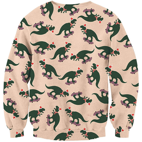 Dinosaur Riding Skateboard Ugly Christmas Sweater