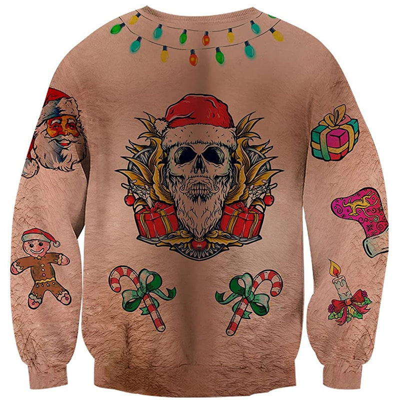 Hairy Chest Skull Bells Ugly Christmas Sweater Forest Coral