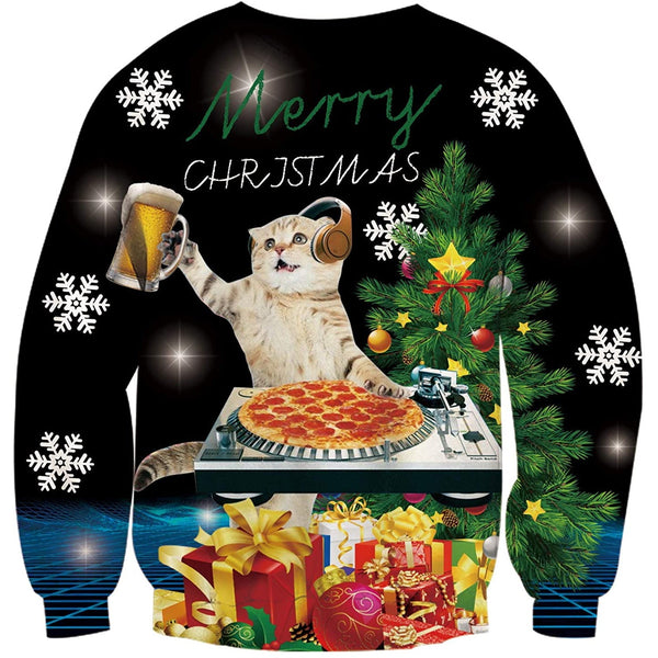 DJing Beer Pizza Cat Ugly Christmas Sweater