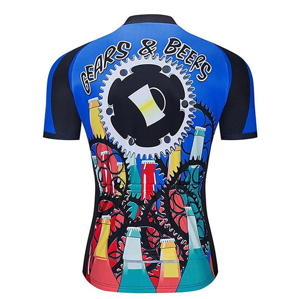 Beer Gearwheel Blue Men Funny MTB Short Sleeve Cycling Jersey Top