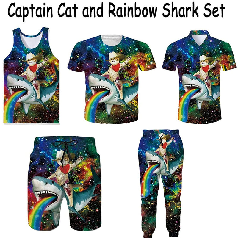 Space Cat Riding Shark Funny Hawaiian Shirt Forest Coral