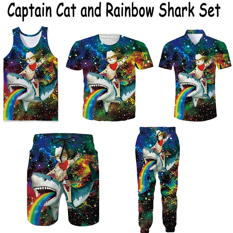 Space Cat Riding Shark Funny Hawaiian Shirt