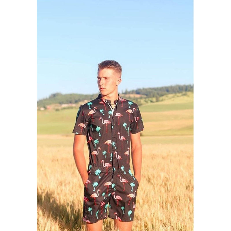 Palm Tree Flamingos Black Male Romper