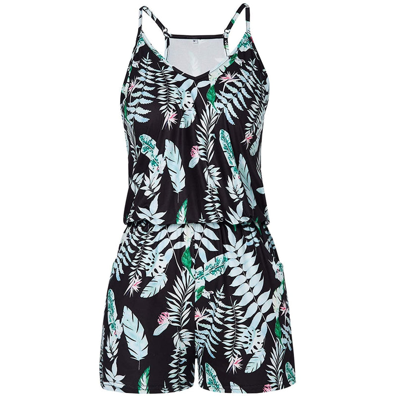 Black Tropical Leaf Funny Romper for Women