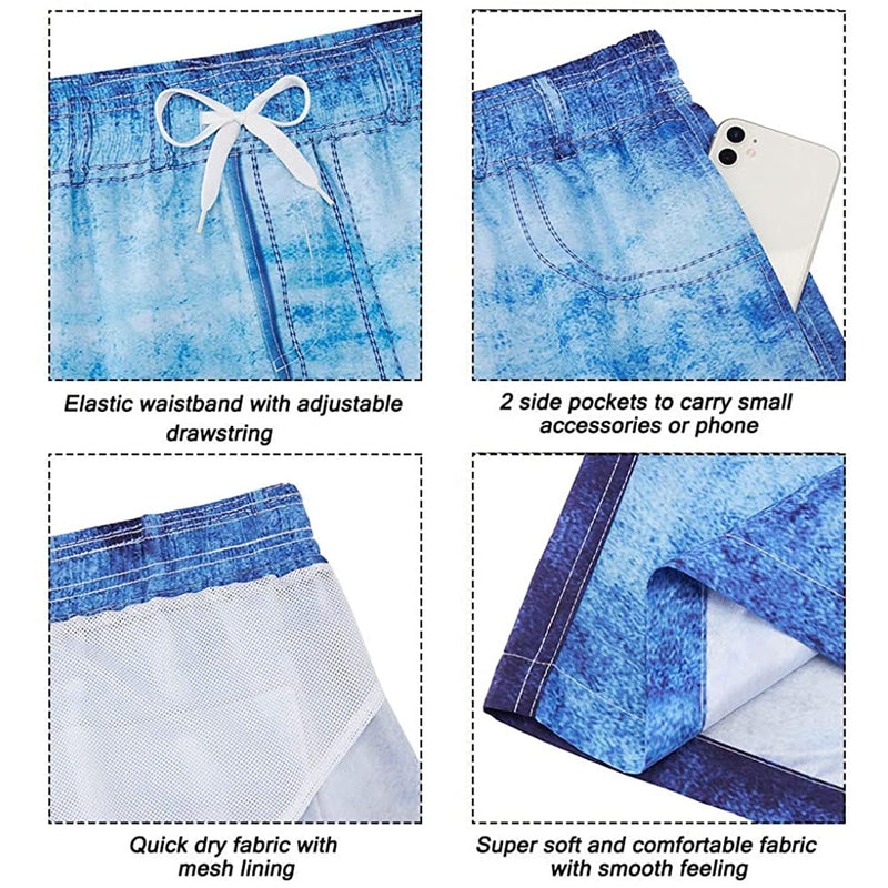 Fake Denim Funny Swim Trunks Forest Coral